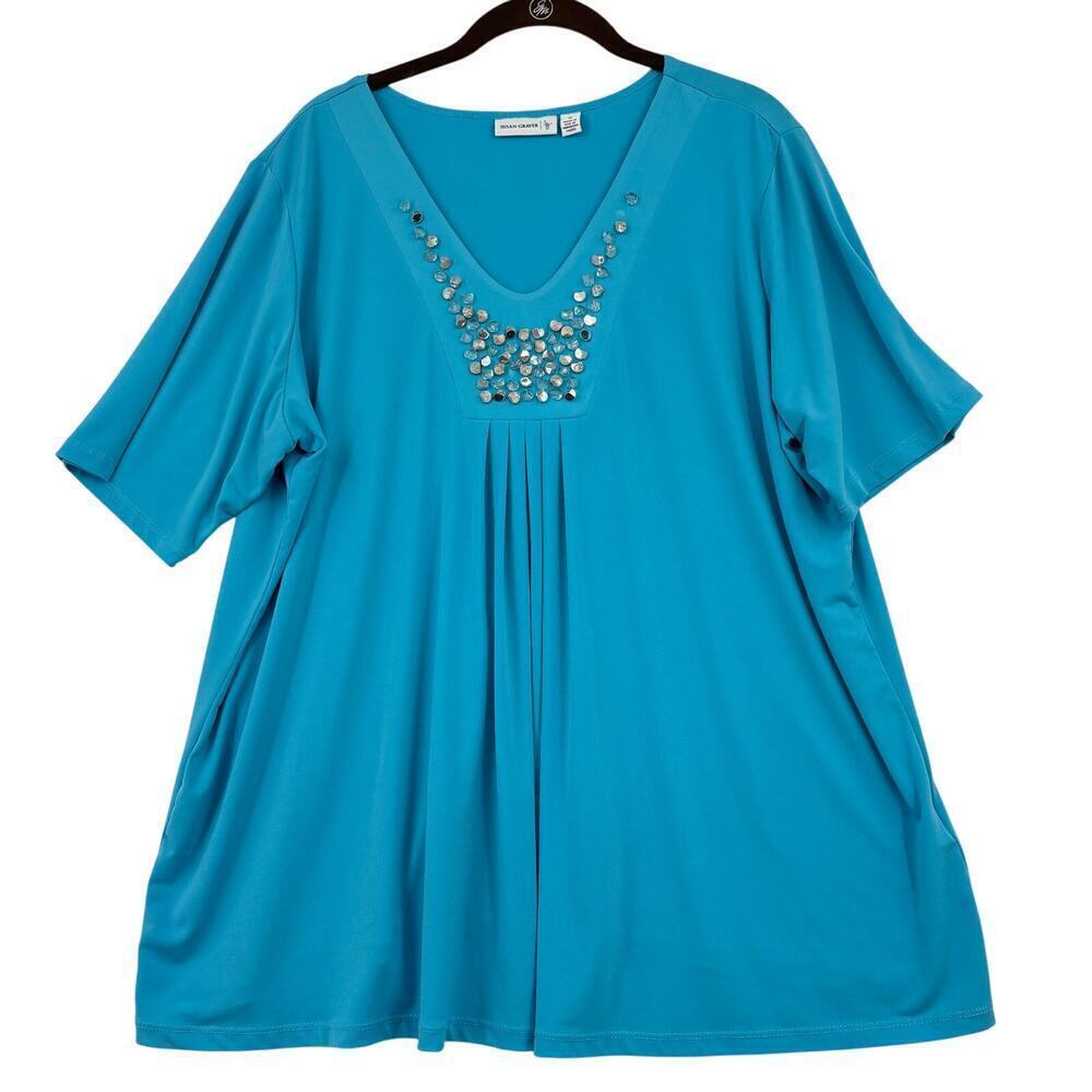 Susan‎ Graver Liquid Knit Top Size 1X Blue Embellished Deep V-Neck Stretch